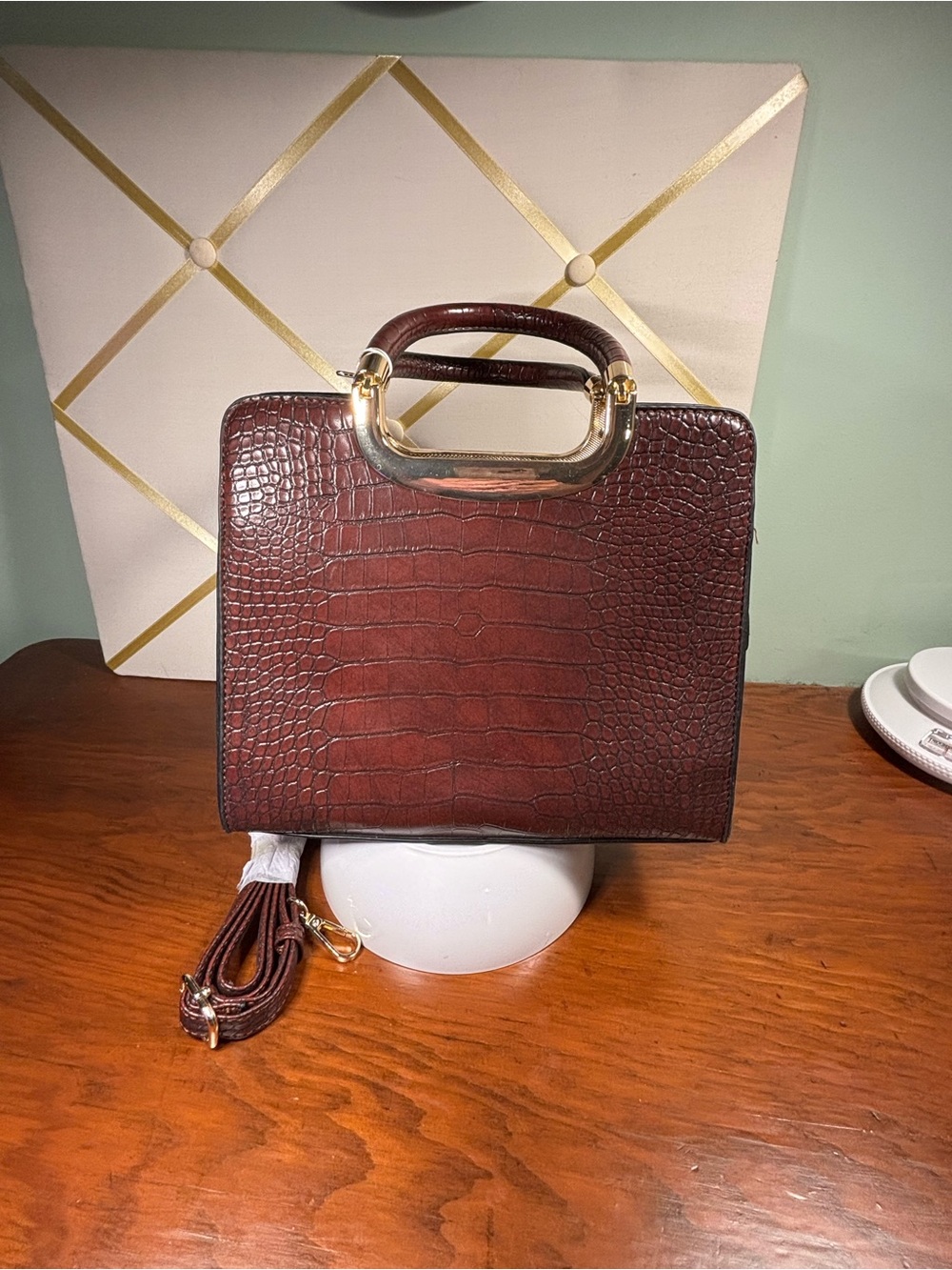 Classic Croc-Embossed Top Handle Bag in Dark Brown/Burgundy. Vegan leather. NWT